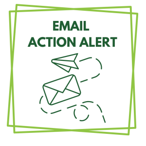 A graphic of a letter being mailed with the text "Email Action Alert."