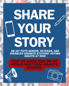 A graphic containing the text "Share Your Story" about absentee voting on a blue background.