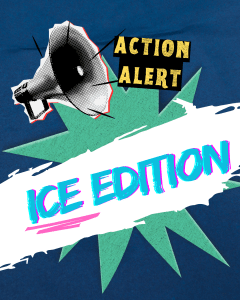 A graphic containing a bullhorn and the text "Action Alert, Ice Edition" in a blue color scheme.